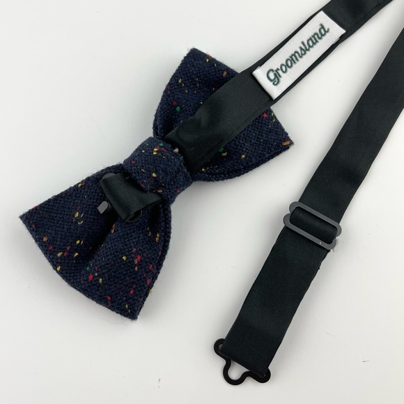 Men’s Navy Donegal Tweed Bow Tie & Boho Style Floral Pocket Square - Picture 4 of 5